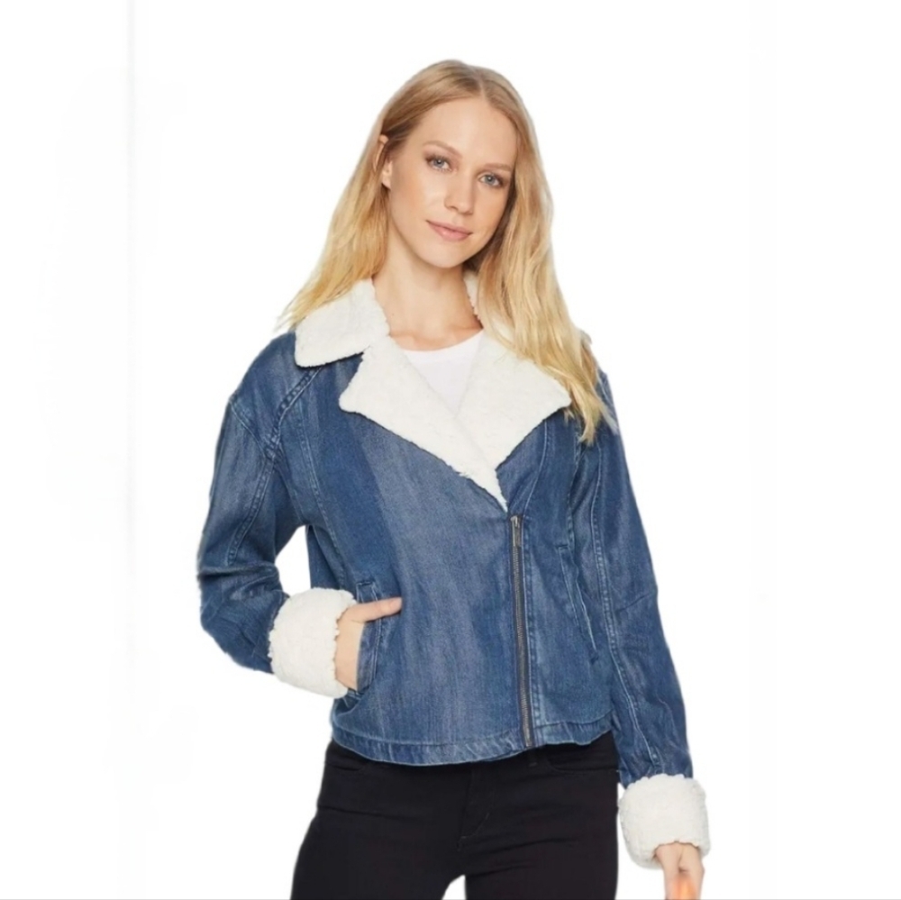 Splendid Sparrow Jacket Faux Sherpa Tencel Denim Look Moto size Small NWT